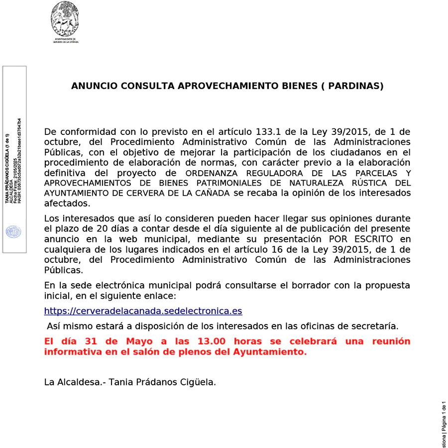 ANUNCIO CONSULTA PÚBLICA REGULACIÓN APROVECHAMIENTO TIERRAS PARDINAS